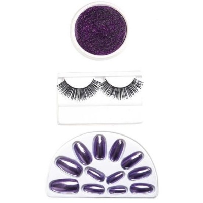 Conjunto unhas postiças roxas metálicas, pestanas postiças pretas e glitter roxo