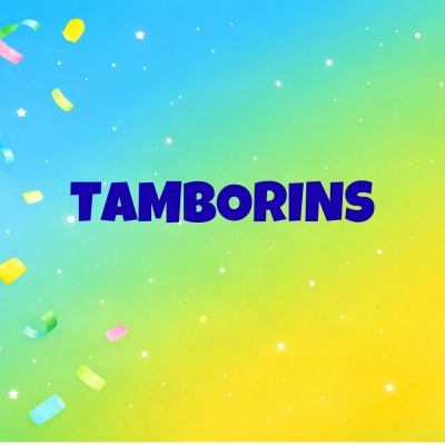 Texto azul TAMBORINS em fundo colorido com confetes e estrelas