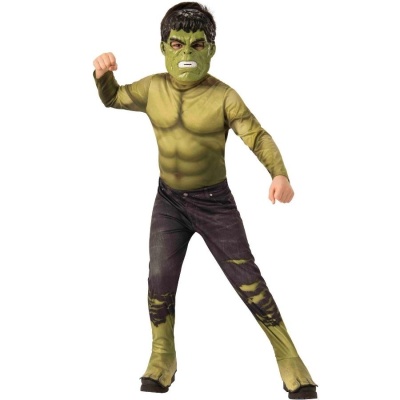 Fantasia infantil do Hulk com máscara verde, top musculado e calças pretas rasgadas com detalhes verdes