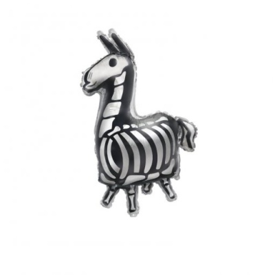 Balão metalizado em forma de lhama com padrão esqueleto preto e branco