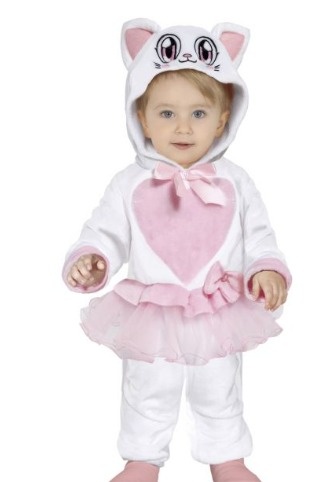 Bebé vestido com roupa branca e rosa de gato com saia de tule