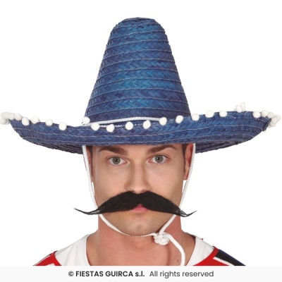 Homem com sombrero azul e bigode falso
