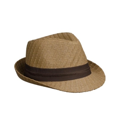 Chapéu fedora bege com fita castanha escura e padrão em espinha de peixe