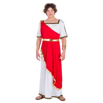 Fantasia toga romana masculina com túnica branca, faixa vermelha e acessórios dourados