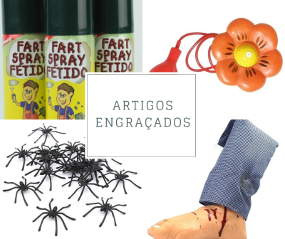 Artigos engraçados como spray de mau cheiro, flor de brinquedo, aranhas de plástico e mão falsa com luva