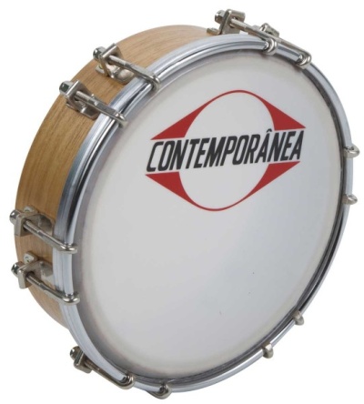 Pandeiro madeira clara com pele branca e logo CONTEMPORÂNEA