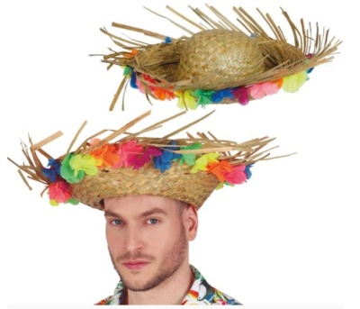 Chapéu de palha com flores coloridas e abas irregulares