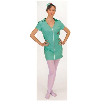 Disfarce de enfermeira feminino verde com chapéu e meias cor-de-rosa