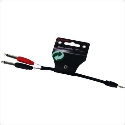 Cabo adaptador preto com conectores jack 6,35 mm vermelho e preto e conector jack 3,5 mm