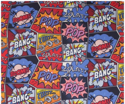 Padrão de tecido estilo banda desenhada com palavras BOOM!!, POP, SPLAT, BANG, ZZZTT
