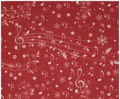 Tecido vermelho com notas musicais e elementos de Natal em branco