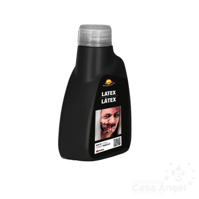 Frasco preto de látex com rótulo de rosto maquilhado e texto