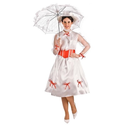 Vestido branco acetinado com laços vermelhos, cinto, chapéu, luvas e guarda-chuva brancos