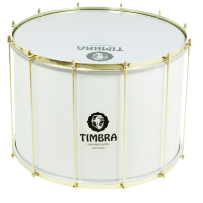 Tambor de percussão branco com estrutura metálica dourada e logo TIMBRA