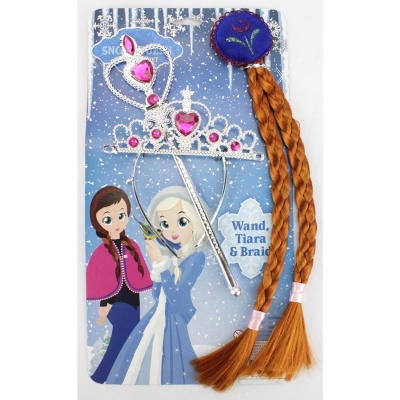 Conjunto de fantasia infantil com varinha, tiara e tranças falsas castanhas em cartão azul com neve.