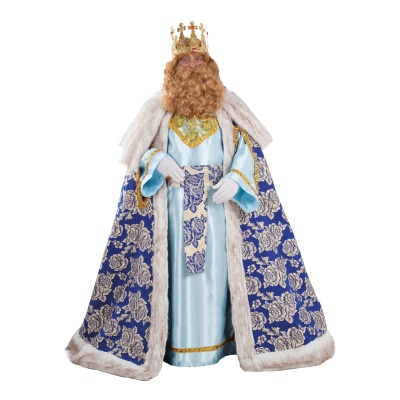 Figura decorativa de um rei com coroa dourada e capa azul com padrão branco