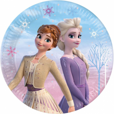 Prato descartável com imagem de Anna e Elsa do filme Frozen