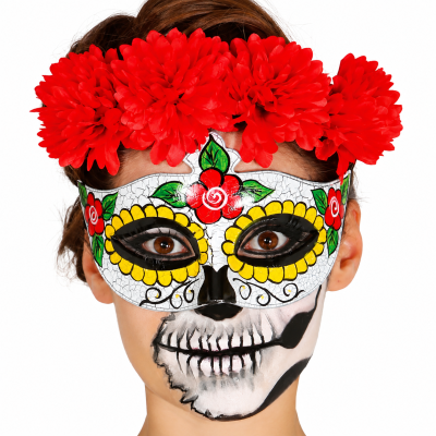 Máscara de caveira colorida com coroa de flores vermelhas