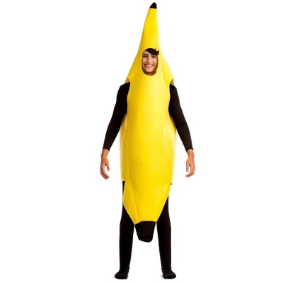 Fantasia amarela de banana inteira com roupa preta por baixo.