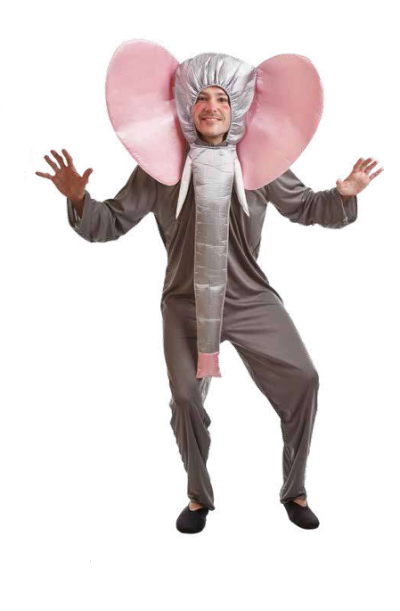 Pessoa com fantasia integral de elefante cinza e rosa