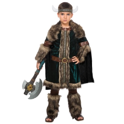 Fantasia viking infantil com capa, capacete com chifres e machado de brinquedo