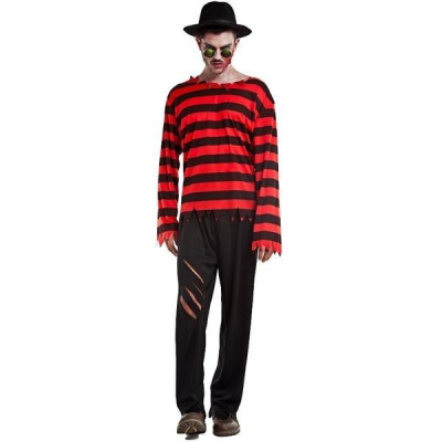Fato de Halloween masculino com riscas vermelhas e pretas e calças pretas rasgadas