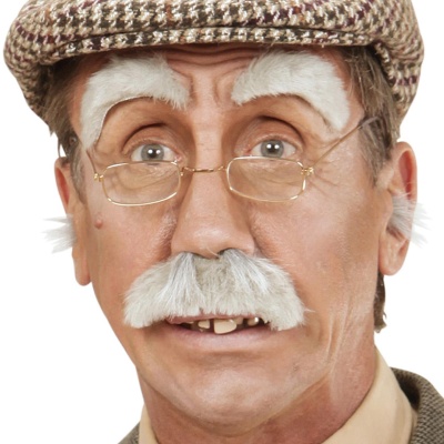 Máscara facial de homem idoso com óculos e chapéu pied-de-poule.