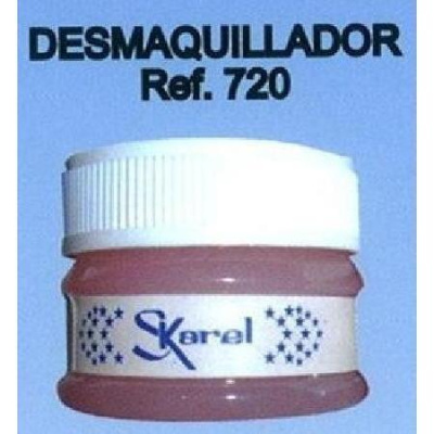 Frasco pequeno de desmaquilhador rosa com tampa branca e texto Skorel