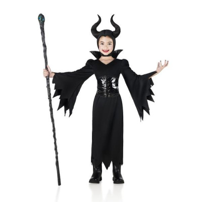 Fantasia preta de bruxa malvada com vestido longo e chifres pretos