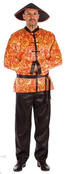 Pessoa com roupa tradicional vermelha e preta com padrão dourado