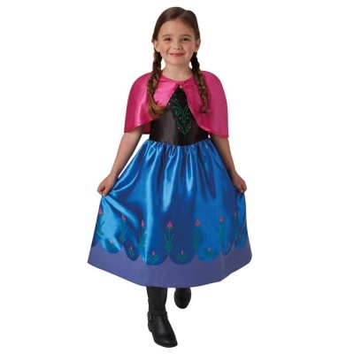 Vestido de princesa infantil com saia azul e capa rosa