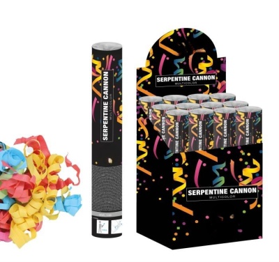 Canhão de serpentinas preto com padrões coloridos e texto 