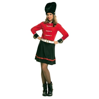 Fato feminino de soldado vermelho e preto com botões dourados e chapéu alto preto