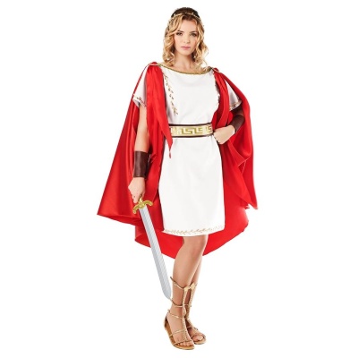 Fantasia feminina romana com vestido branco, capa vermelha, cinto dourado e espada de brinquedo