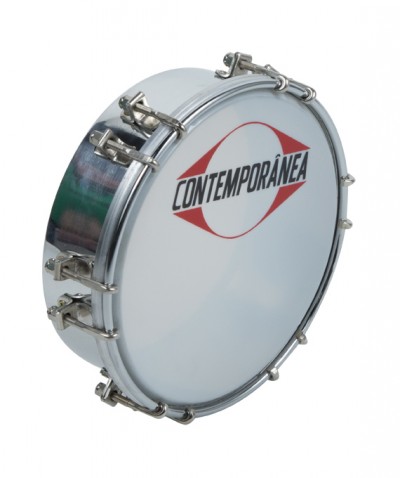Pandeiro metálico prateado com pele branca e texto CONTEMPORÂNEA