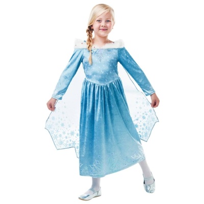 Vestido de princesa azul para criança com padrão de flocos de neve e sapatilhas prateadas