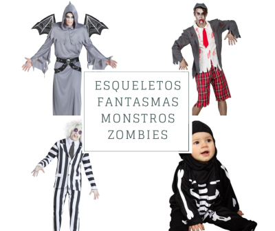 Quatro pessoas com disfarces de Halloween variados e texto promocional em caixa branca ao centro.