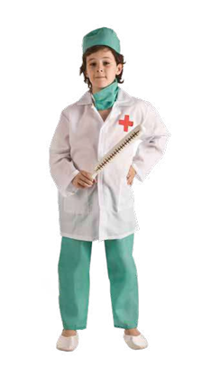 Criança em fato de médico com casaco branco e cruz vermelha, calças e chapéu verdes, segurando régua.