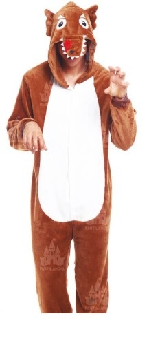 Macacão pijama castanho e branco com capuz de dinossauro