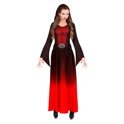Vestido longo preto e vermelho com capuz e padrão de aranha no peito