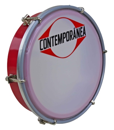 Pandero vermelho com pele branca e logo CONTEMPORÂNEA