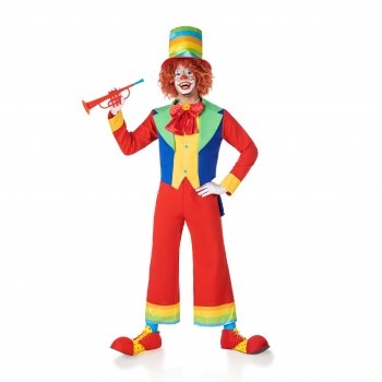 Pessoa vestida de palhaço colorido com trombeta