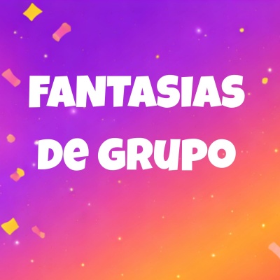 Texto FANTASIAS DE GRUPO em fundo roxo, rosa e laranja com confetes