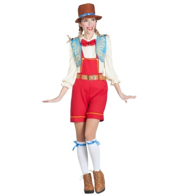 Fantasia colorida com chapéu castanho, calções vermelhos e colete azul com padrão dourado