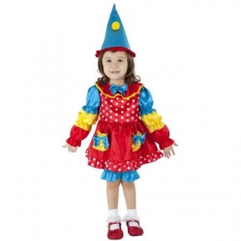 Criança vestida com fantasia de palhacinha colorida e chapéu azul