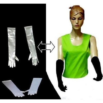 Luvas compridas de cetim branco e preto e manequim com camisola verde