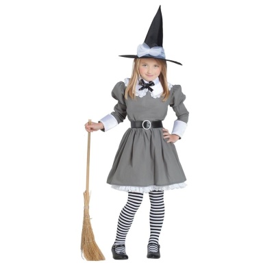 Fato de bruxa cinzento com gola branca e chapéu preto