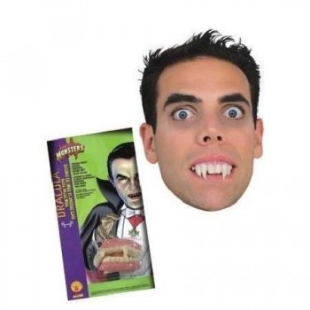 Máscara de vampiro com dentes e embalagem com imagem de Drácula