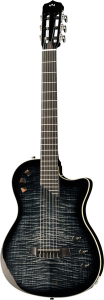 Guitarra elétrica acústica cinza e preta com quatro botões e corte no corpo