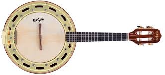 Banjo com corpo metálico dourado e braço de madeira escura